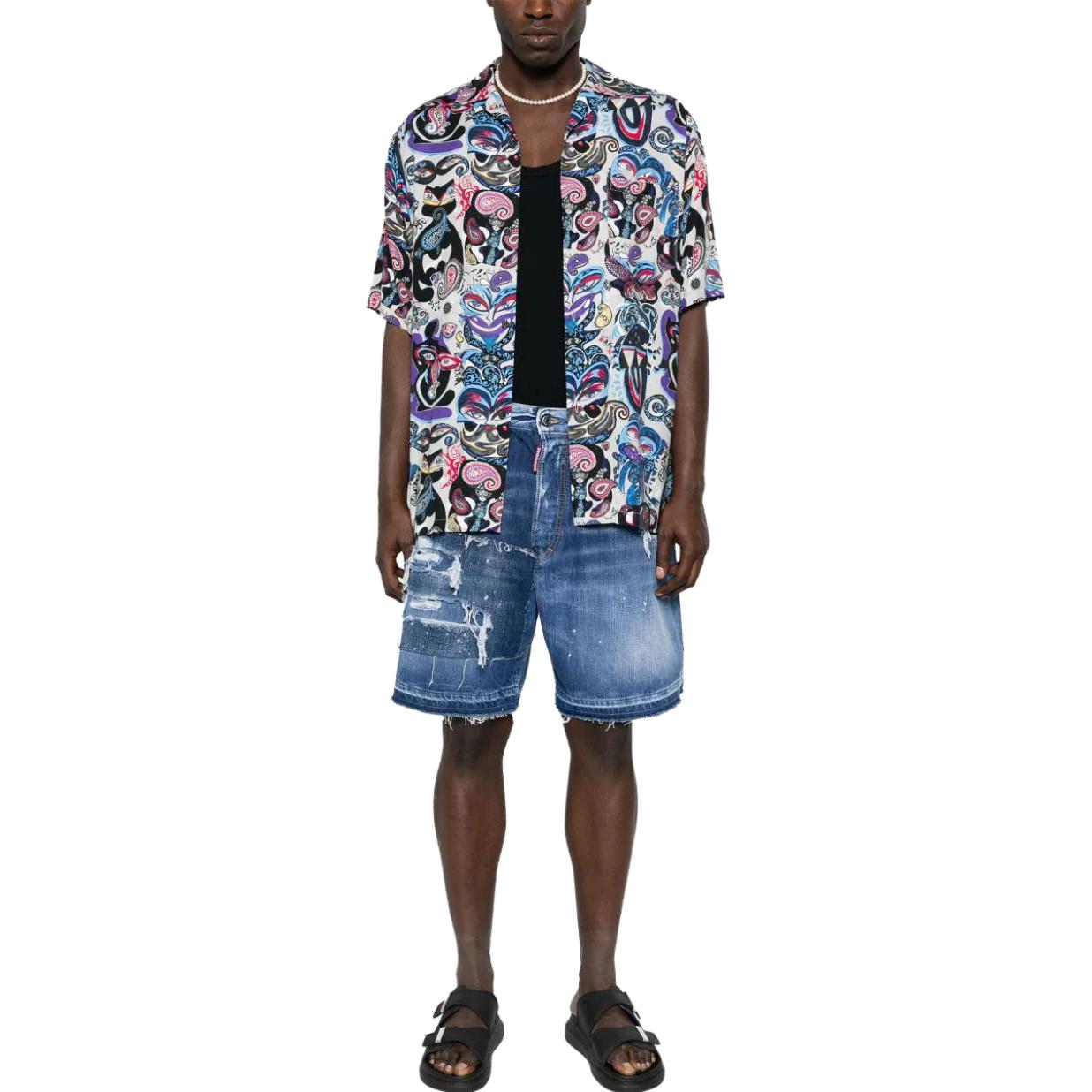 Lookbook DSQUARED2 FW23 男士藍色磨損中腰牛仔短褲 S74MU0840S30309-470