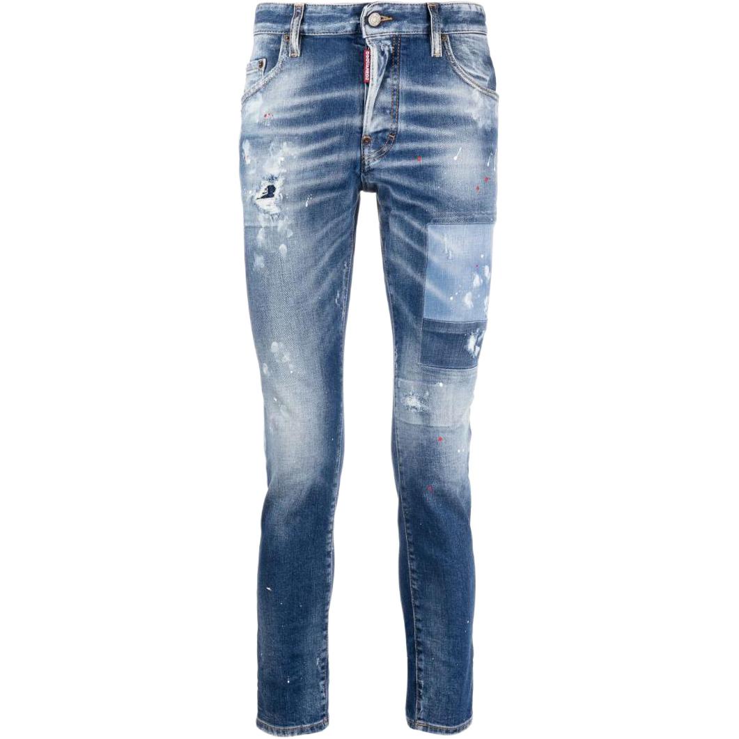 DSQUARED2 FW23 Paint-Splatter Slim-Fit Distressed Jeans Indigo Blue . S74LB1456S30663-470