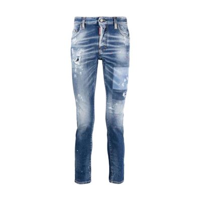 DSQUARED2 FW23 Paint-Splatter Slim-Fit Distressed Jeans Indigo Blue . S74LB1456S30663-470