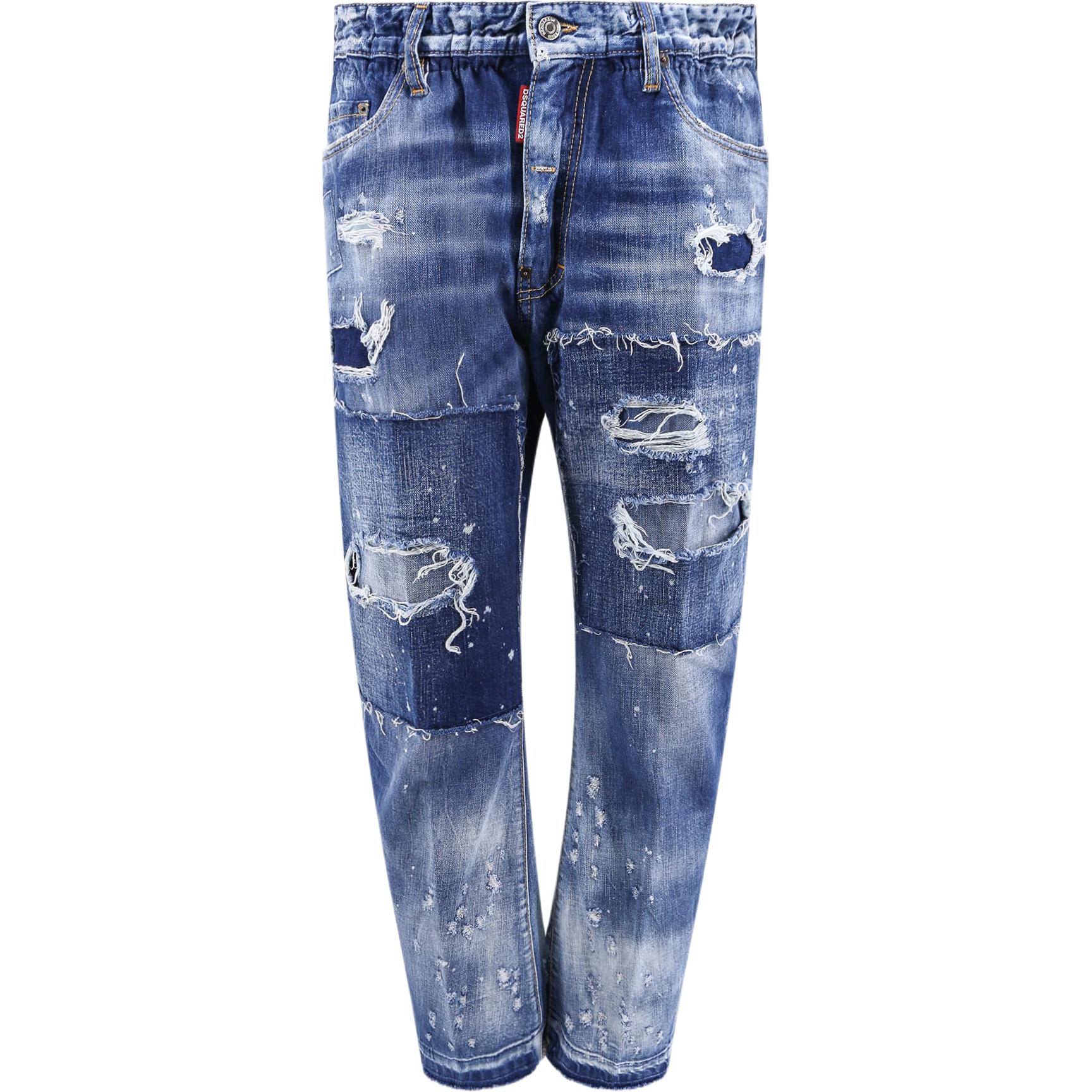 DSQUARED2 FW23 Patch Distressed Button Straight Jeans Men Blue S74LB1459S30309-470