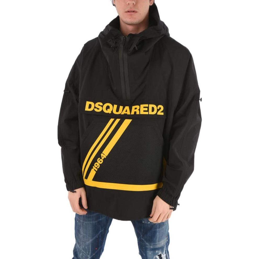 Shop DSQUARED2 ハーフジップ フーディジャケット ロゴプリント ブラック S74AM1140S53578-900