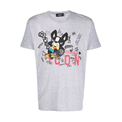 DSQUARED2 Logo Graffiti Cartoon Print Grey Short Sleeve T-Shirt Casualwear. S79GC0045S22146-857