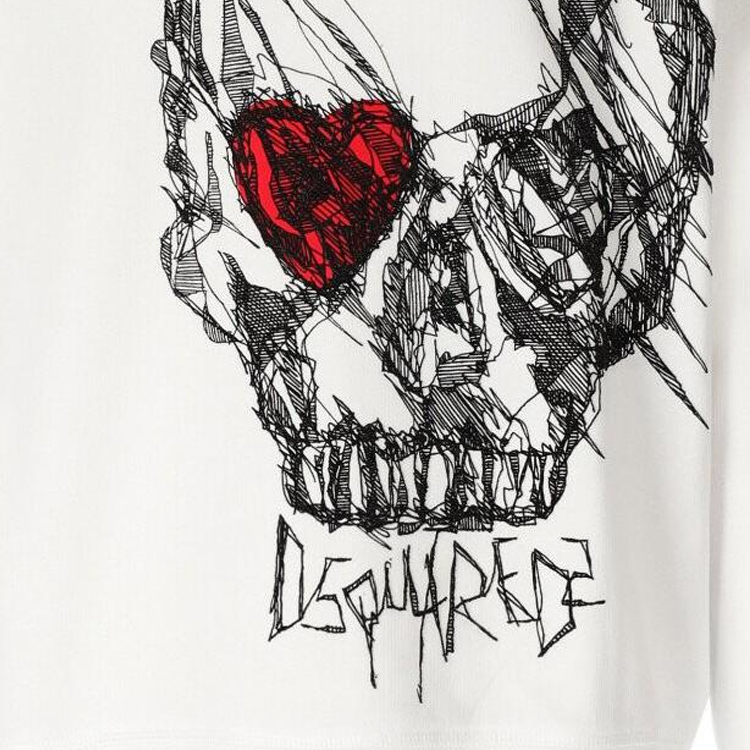 Sizing DSQUARED2 Baju Putih Lelaki Cetakan Tengkorak Crewneck Pullover. S71GU0628S25516-100