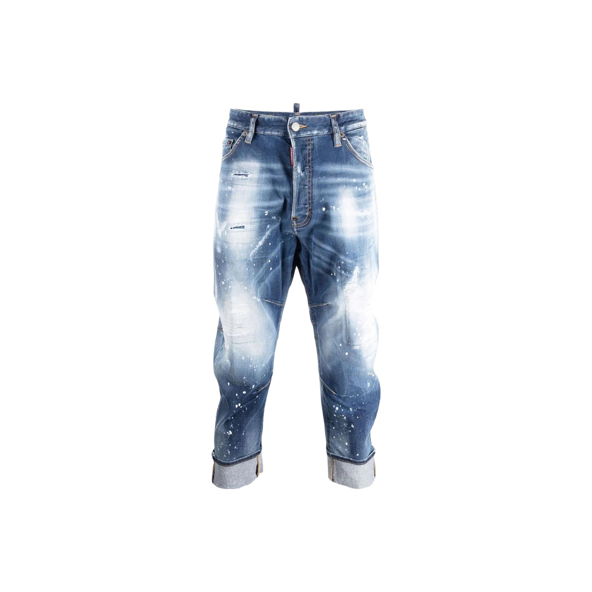 DSQUARED2 SS22  Blue Faded Cropped Jeans with Logo Patch and Zip Details S74LB1094S30789-470