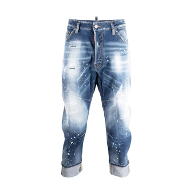 DSQUARED2 SS22 Blue Faded Cropped Jeans with Logo Patch and Zip Details S74LB1094S30789-470
