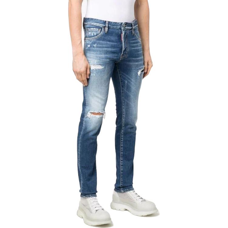 Shop DSQUARED2 SS22 男士蓝色做旧修身牛仔裤. S71LB1021S30663-470