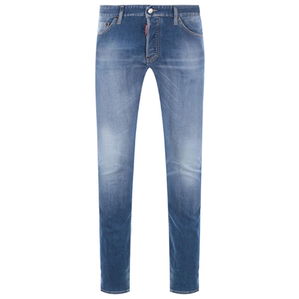 DSQUARED2 SS22 Mid-Rise Logo Patch Faded Slim Fit Jeans Men Blue S74LB1059S30789-470