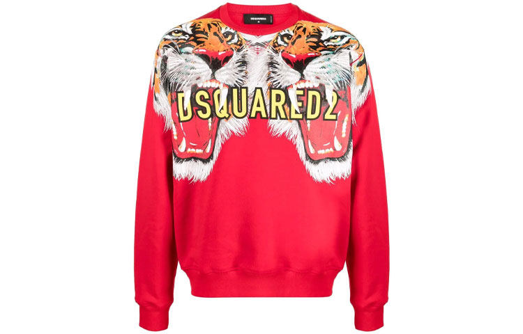DSQUARED2 SS22 Red Tiger Print Crewneck Pullover Sweatshirt Men S74GU0597S25516-306