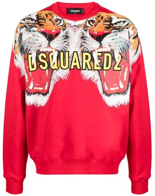 DSQUARED2 SS22 Sweater Pria Merah Motif Harimau Crewneck Pullover. S74GU0597S25516-306 Order DSQUARED2 SS22 Sweater Pria Merah Motif Harimau Crewneck Pullover. S74GU0597S25516-306