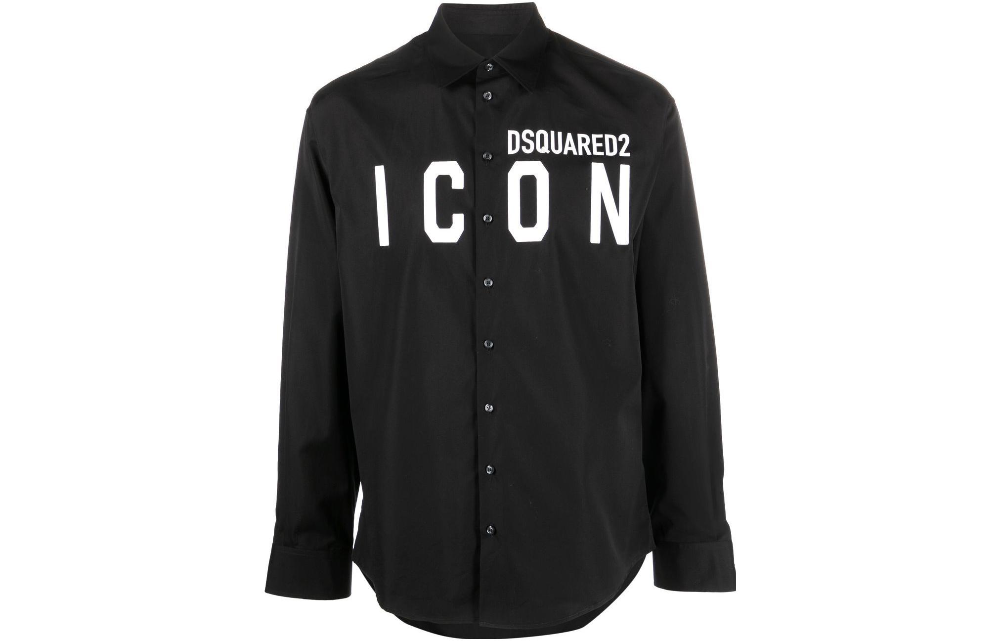 DSQUARED2 SS23  Black Long Sleeve Shirt with Logo Print and Spread Collar S79DL0026S36275-900