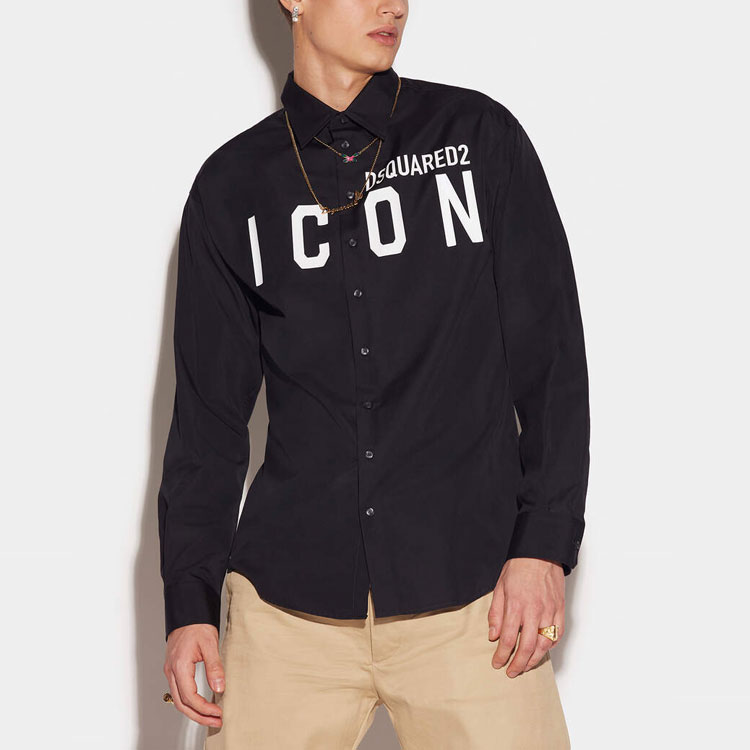 Purchase DSQUARED2 SS23 黑色長袖襯衫 帶印花標誌與翻領設計 S79DL0026S36275-900