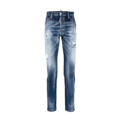 DSQUARED2 SS23 Straight-Leg Distressed Patch Jeans Navy Blue S74LB1257S30664-470