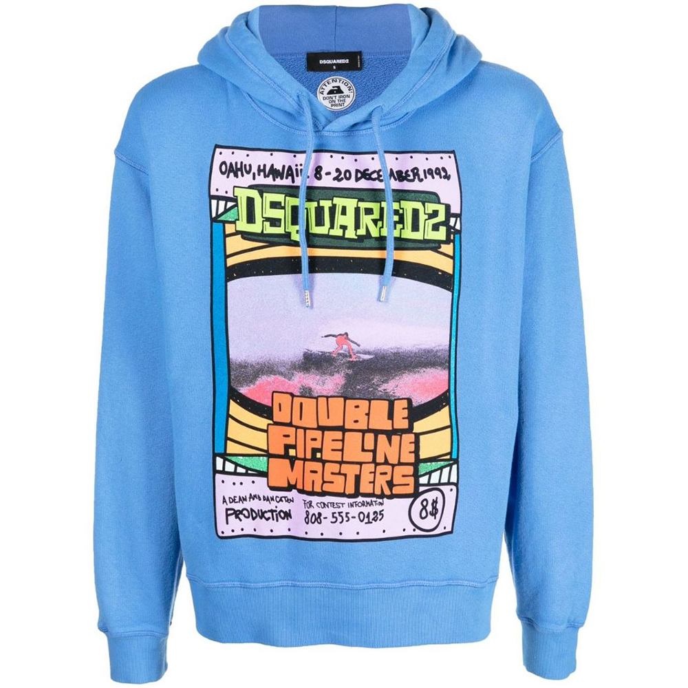 Dsquared2 SS23 Graphic Print Pullover Hoodie Men’s Blue Long Sleeve. S71GU0590S25140-483