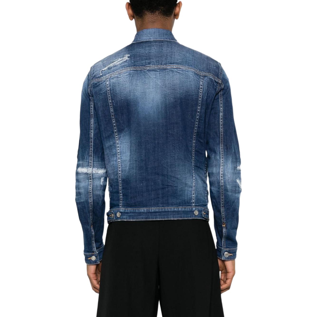 Shop DSQUARED2 SS24 Jaket Denim Single-Breasted Ripped Detail Biru. S71AN0531S30342-470