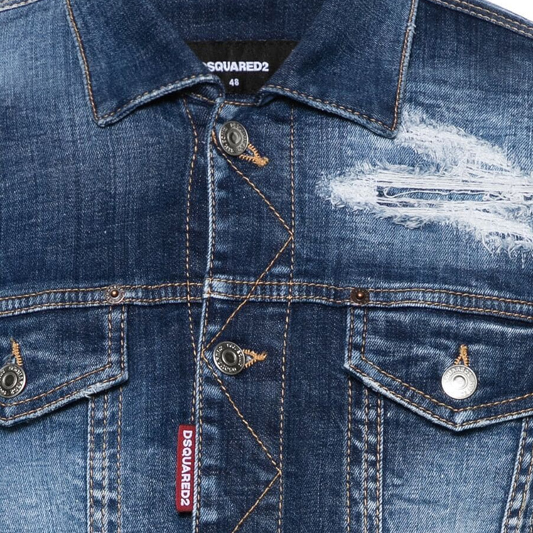 Sizing DSQUARED2 SS24 Jaket Denim Single-Breasted Ripped Detail Biru. S71AN0531S30342-470