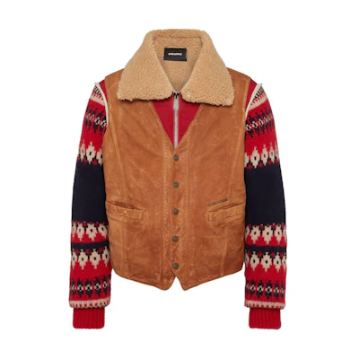 DSQUARED2 SS24 Abstract Pattern Leather Jacket Brown Long Sleeve S71AN0556S47858
