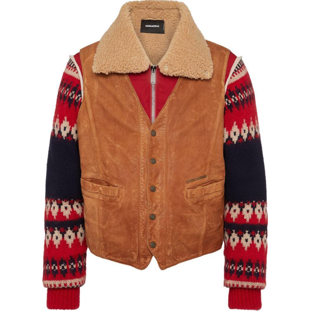 Order DSQUARED2 SS24 Jaket Kulit Coklat Corak Abstrak Lengan Panjang S71AN0556S47858