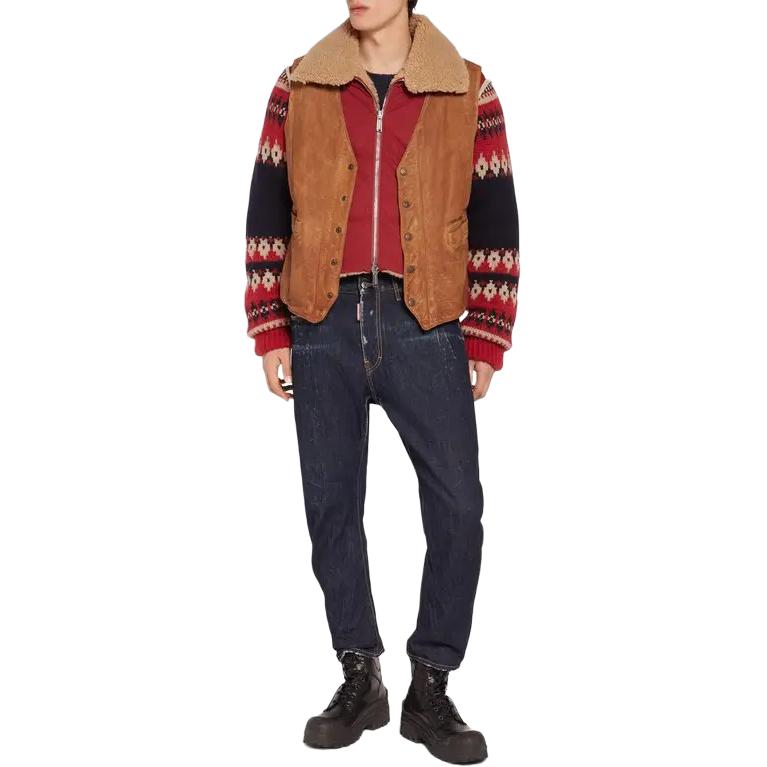 Shop DSQUARED2 SS24 Jaket Kulit Coklat Corak Abstrak Lengan Panjang S71AN0556S47858