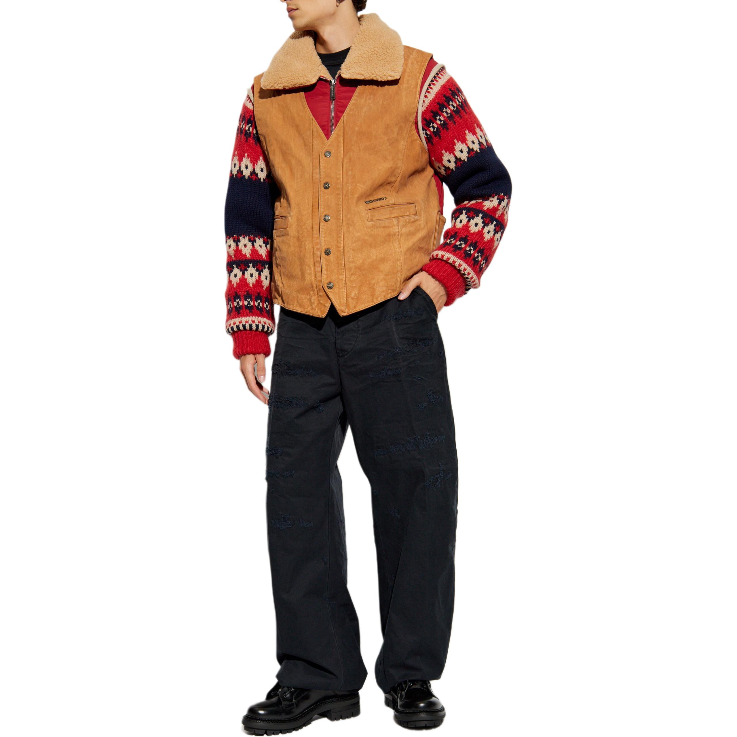 Purchase DSQUARED2 SS24 Jaket Kulit Coklat Corak Abstrak Lengan Panjang S71AN0556S47858