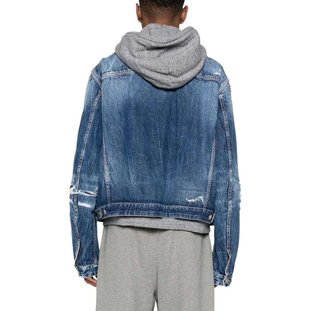 Shop DSQUARED2 SS24 男士藍色寬鬆牛仔連帽外套刺繡破壞風格 S74AM1465S30309-470