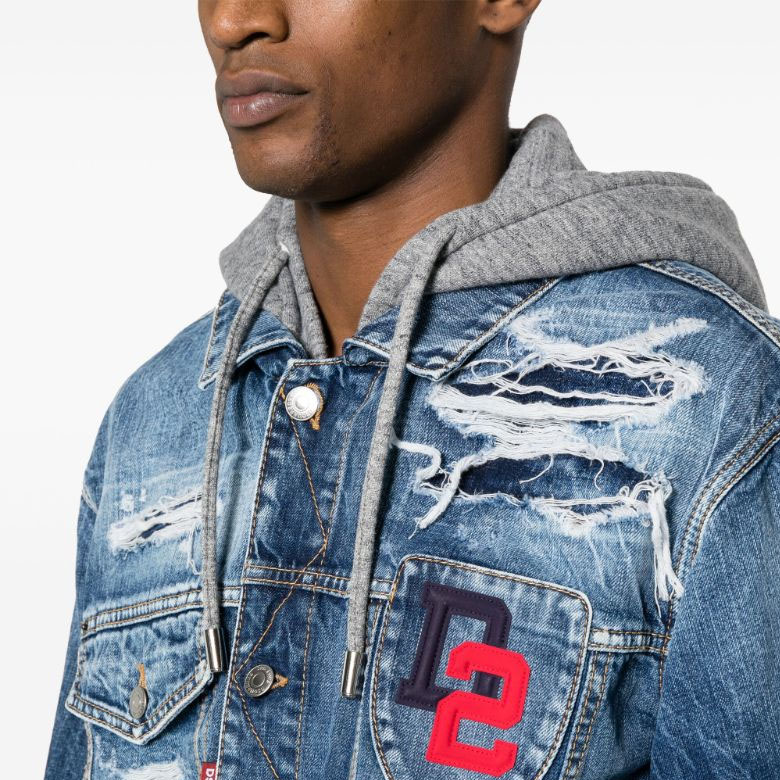 Details for DSQUARED2 SS24 男士藍色寬鬆牛仔連帽外套刺繡破壞風格 S74AM1465S30309-470