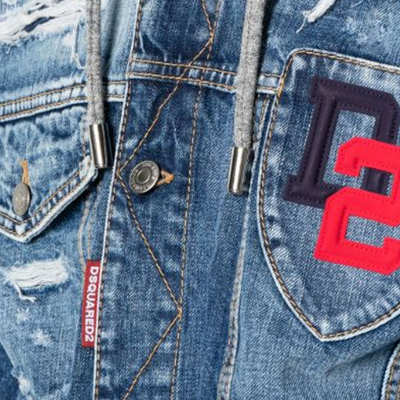 Sizing DSQUARED2 SS24 男士藍色寬鬆牛仔連帽外套刺繡破壞風格 S74AM1465S30309-470