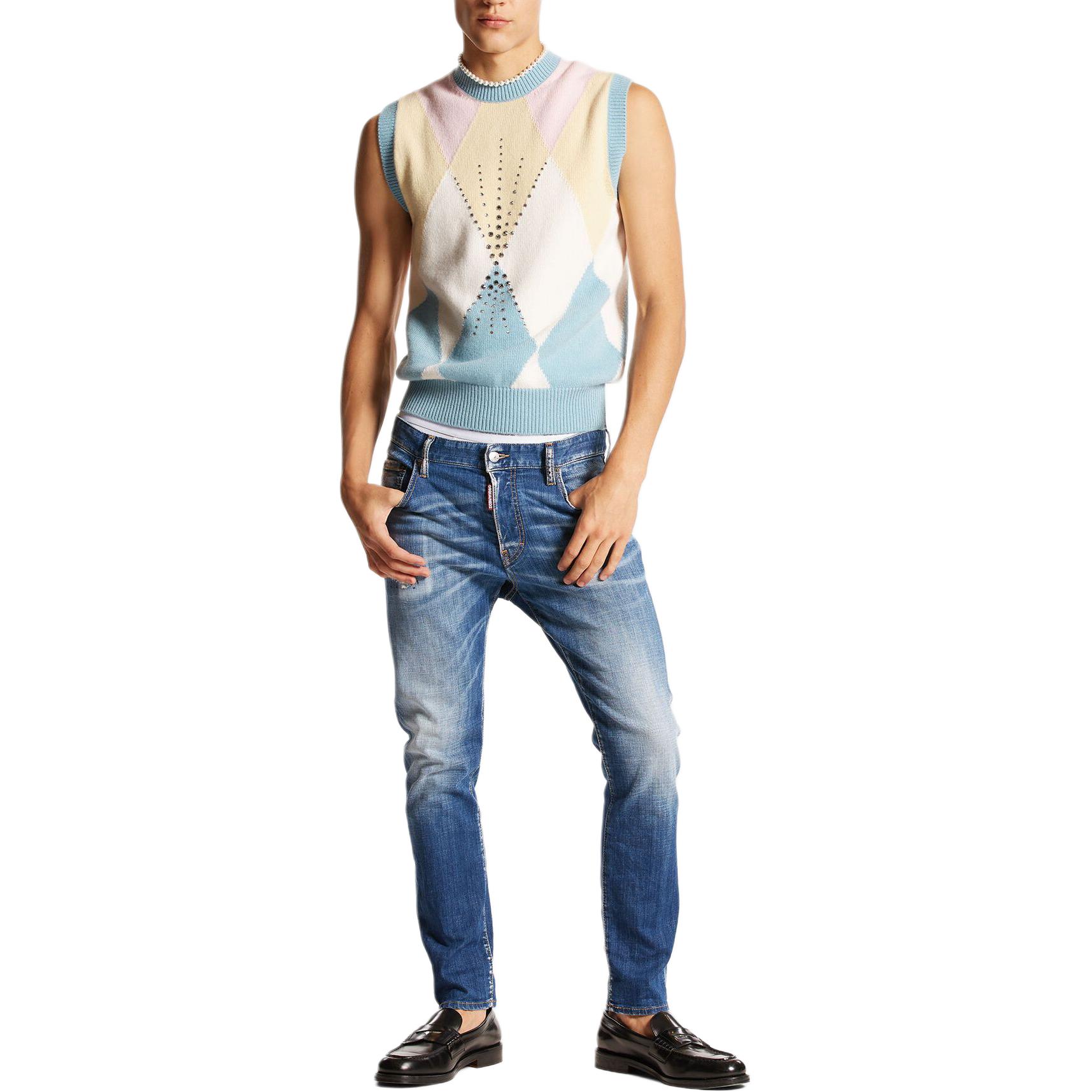 Shop DSQUARED2 SS24 復古低腰修身標誌牛仔褲 男款 靛藍色 S71LB1384S30342-470