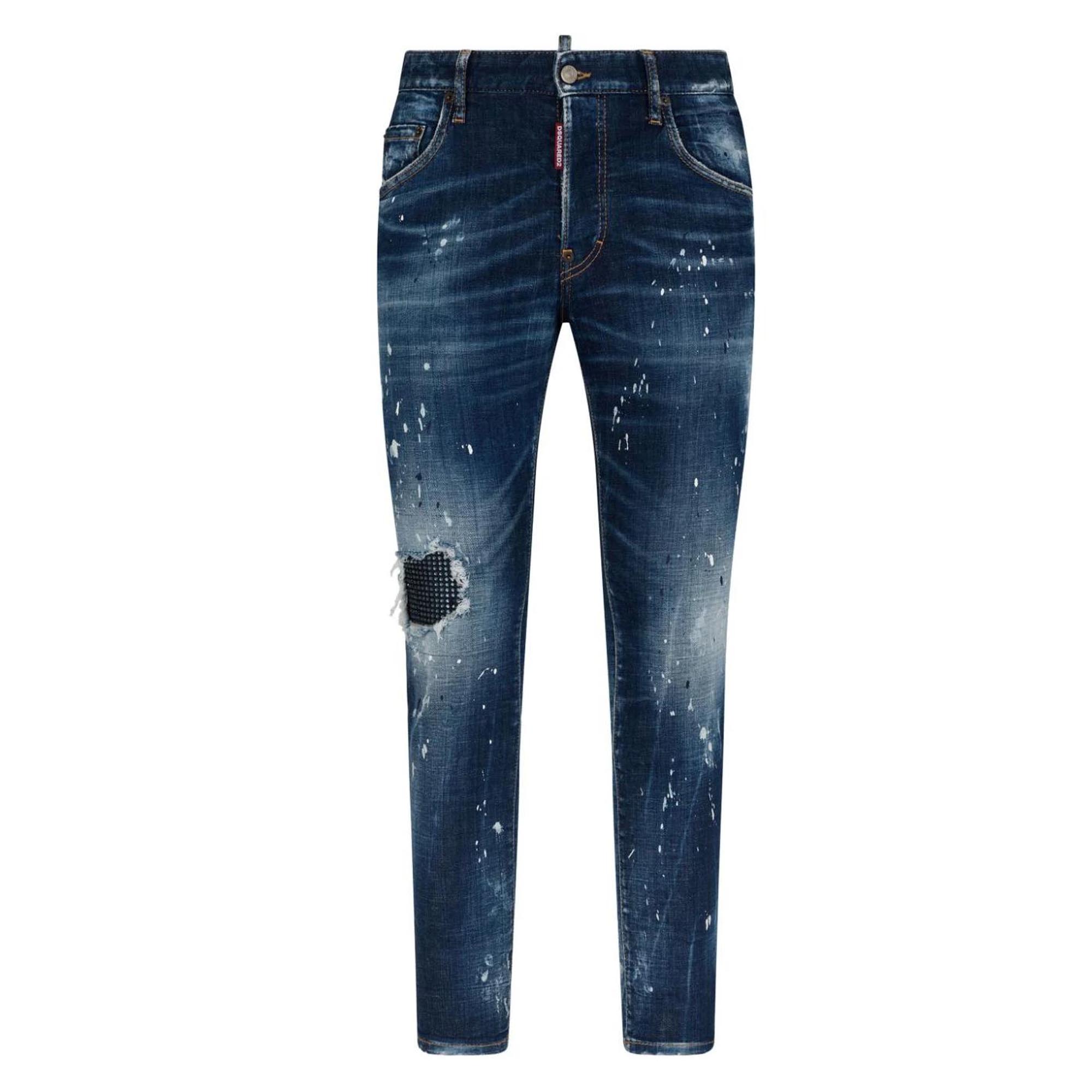 DSQUARED2 SS24 Distressed Splatter Slim Fit Indigo Denim Jeans for Men. S71LB1416S30342-470