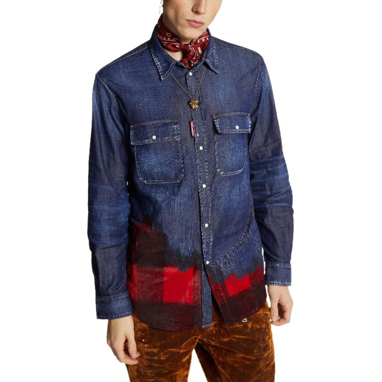 Shop DSQUARED2 男裝 SS24 海軍藍格紋長袖襯衫. S74DM0850S30341-470