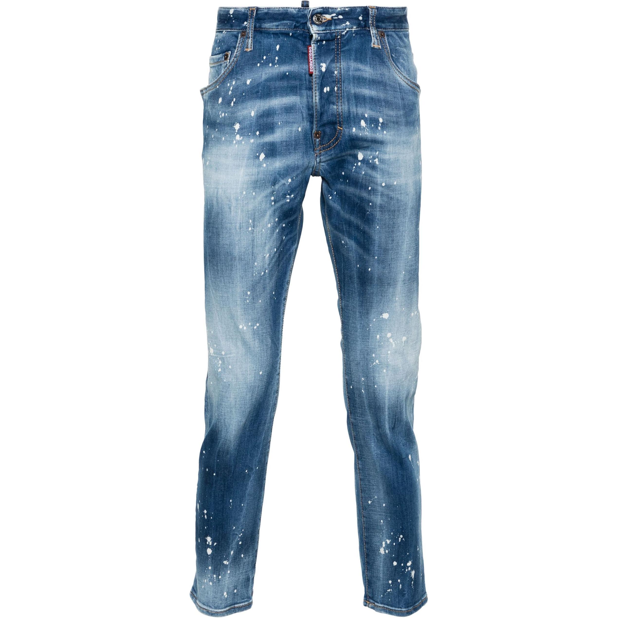 DSQUARED2 SS24 Paint-Splatter Low-Rise Slim Fit Jeans Men Mid Blue S71LB1391S30816-470