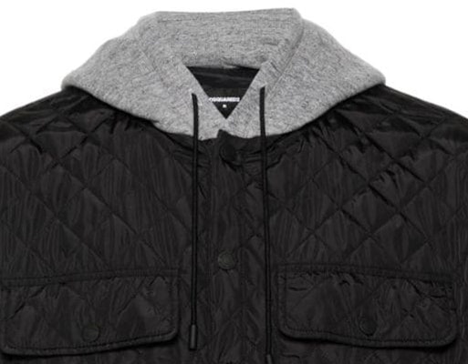 DSQUARED2 SS24 Jaket Hoodie Oversized Patchwork Quilted Hitam S74AM1461S78554-900 Details for DSQUARED2 SS24 Jaket Hoodie Oversized Patchwork Quilted Hitam S74AM1461S78554-900
