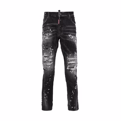 DSQUARED2 SS24 Slim-Fit Distressed Paint-Splatter Black Jeans for Men. S74LB1431S30503-900