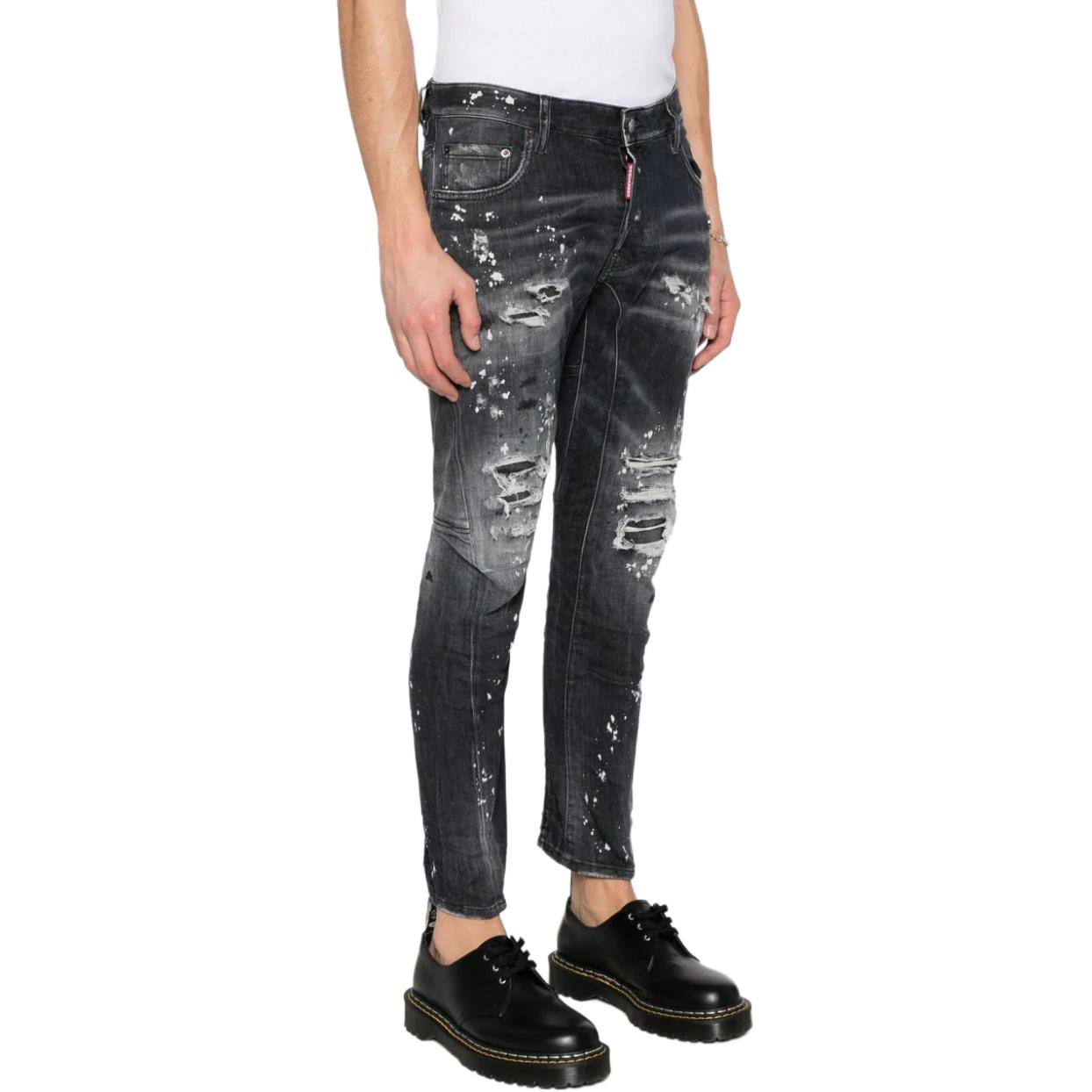DSQUARED2 SS24 Slim-Fit Distressed Paint-Splatter Black Jeans for Men. S74LB1431S30503-900 圖 5