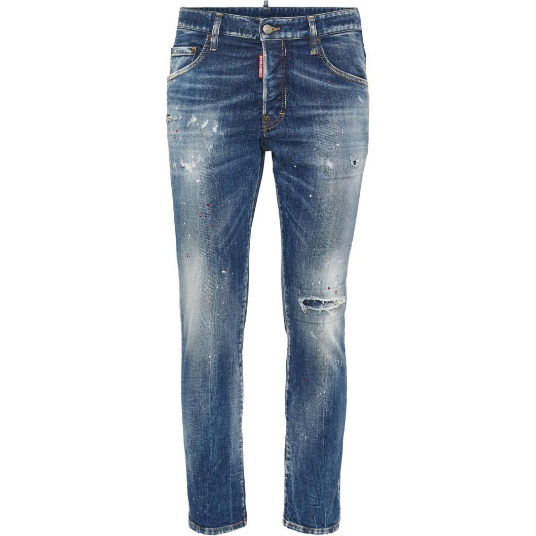 DSQUARED2 SS24 Slim-Fit Navy Blue Distressed Logo Patch Jeans for Men S74LB1551S30342