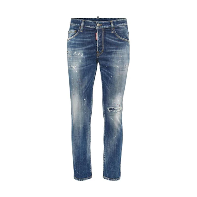 DSQUARED2 SS24 Slim-Fit Navy Blue Distressed Logo Patch Jeans for Men S74LB1551S30342