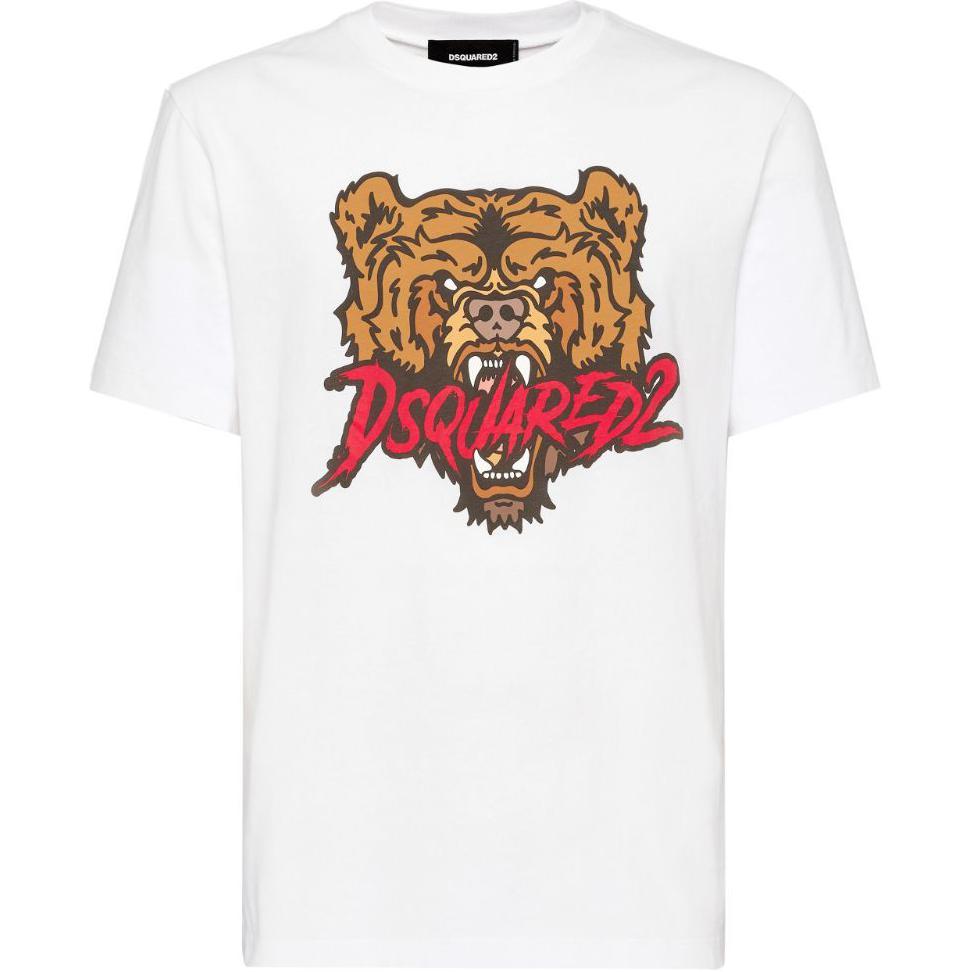 DSQUARED2 SS24 White Crewneck T-Shirt with Tiger Graphic Print for Men S74GD1316D20014