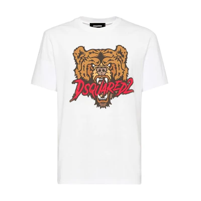 DSQUARED2 SS24 White Crewneck T-Shirt with Tiger Graphic Print for Men S74GD1316D20014