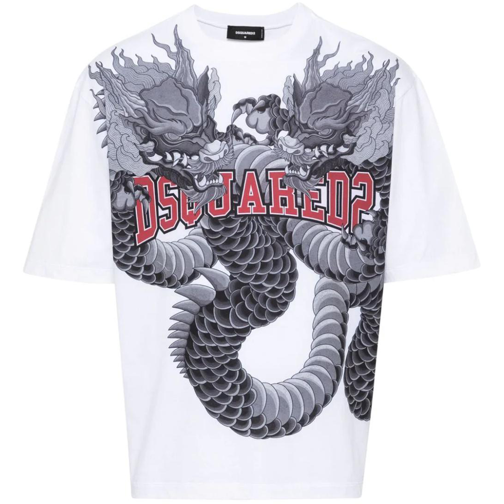 DSQUARED2 SS24 White Loose Fit T-Shirt with Dragon Print for Men. S74GD1214S23009-100