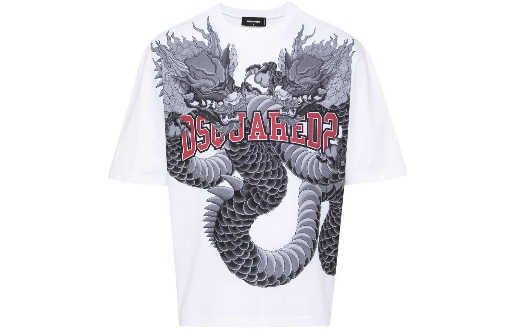 Order DSQUARED2 男士白色龙纹宽松T恤 SS24款 S74GD1214S23009-100