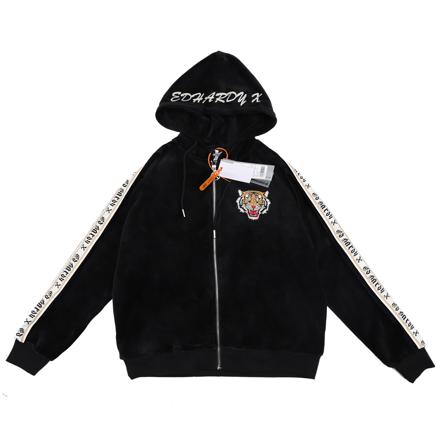 Ed Hardy X Tiger Rhinestone Velvet Zip Hoodie Unisex Black X1OBU625