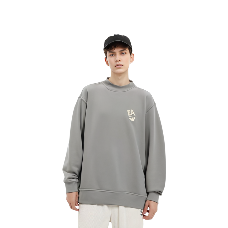 Shop Emporio Armani 徽章印花寬鬆圓領長袖上衣 - 灰色 3D1MEC-1JODZ-0664