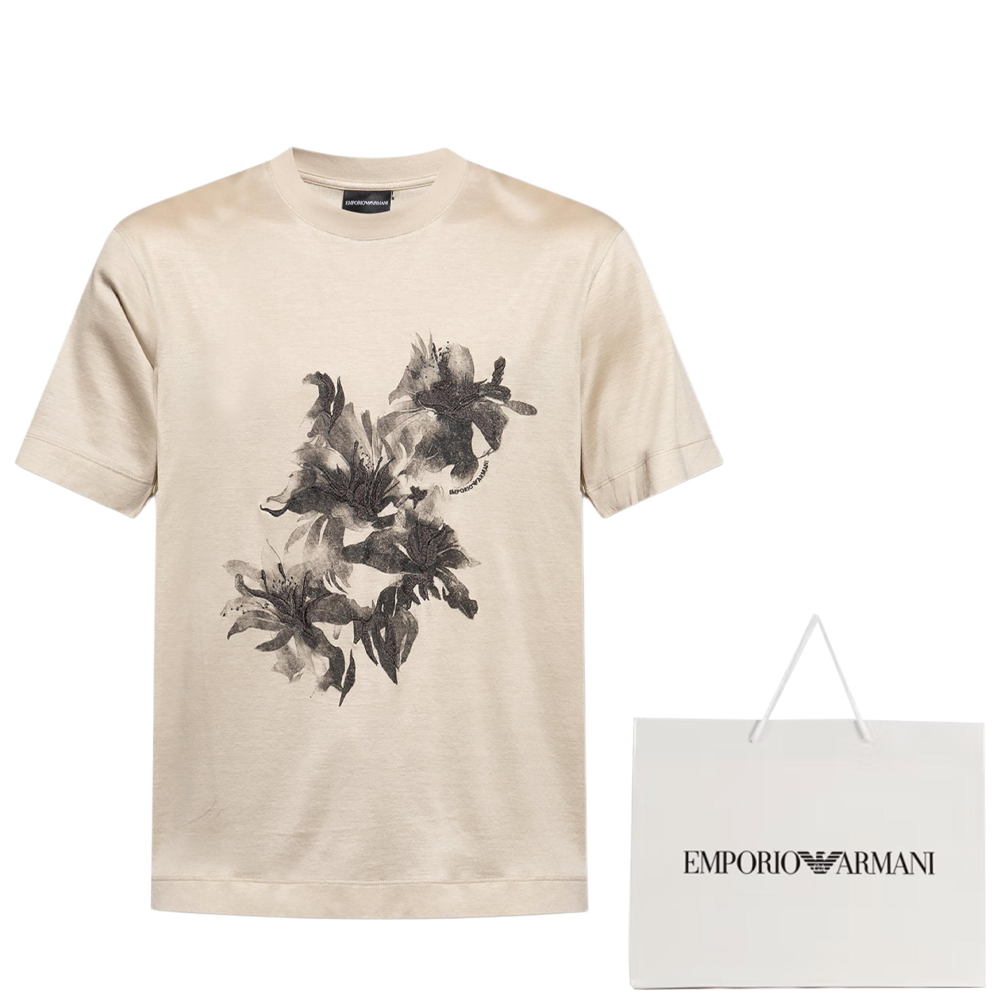 Lookbook エンポリオアルマーニ ベージュ 花刺繍 クルーネック Tシャツ EM001024AF10017U1098