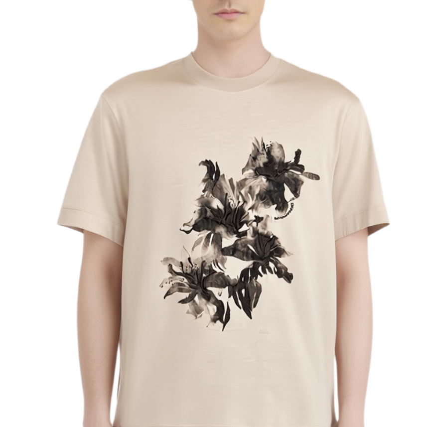 Details for エンポリオアルマーニ ベージュ 花刺繍 クルーネック Tシャツ EM001024AF10017U1098