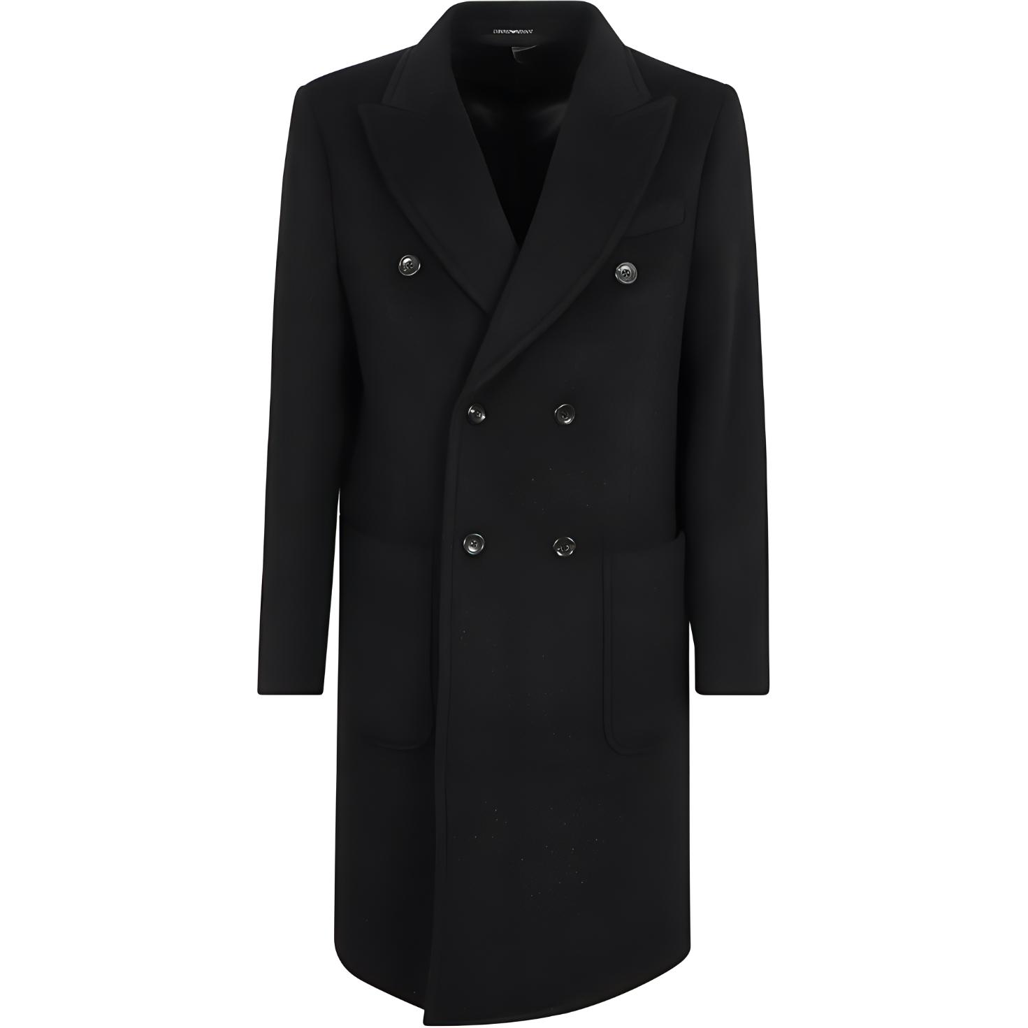 EMPORIO ARMANI  Black Double-Breasted Long Coat with Lapel Collar. EM000350-TE11296-UC001