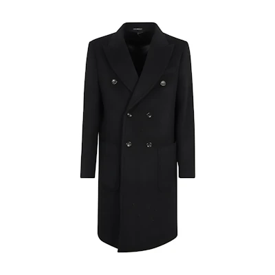 EMPORIO ARMANI Black Double-Breasted Long Coat with Lapel Collar. EM000350-TE11296-UC001