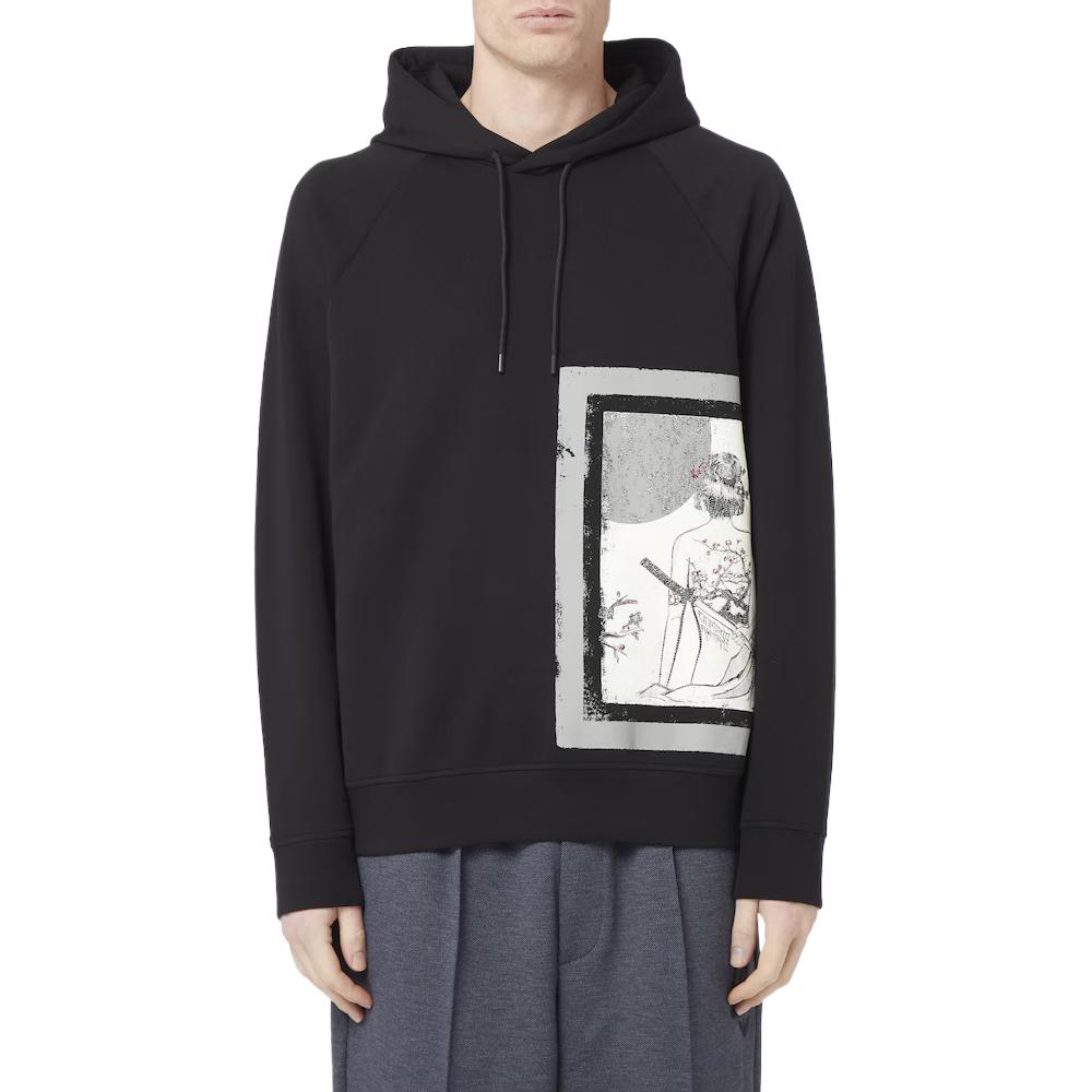Emporio Armani  Black Graphic Drawstring Hoodie Pullover Sweatshirt. 3D1MDV-1JHSZ-0026