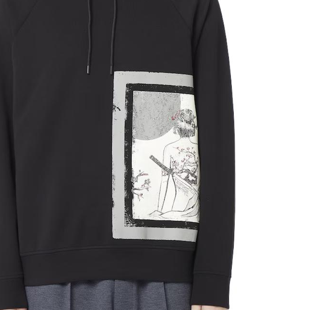 Purchase 阿玛尼黑色图案抽绳连帽卫衣套头衫 3D1MDV-1JHSZ-0026