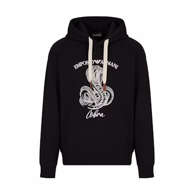 EMPORIO ARMANI Black Hoodie with Snake Print Logo - Casual Fit. 6L1MM51-JWPZ1-0999