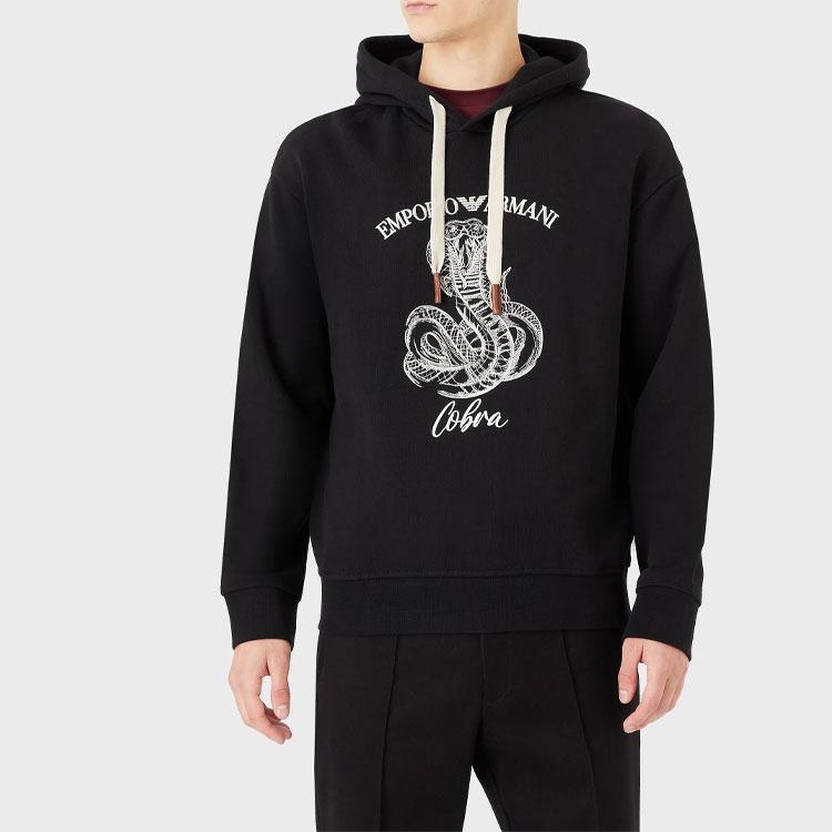 Shop EMPORIO ARMANI  Black Hoodie with Snake Print Logo - Casual Fit. 6L1MM51-JWPZ1-0999