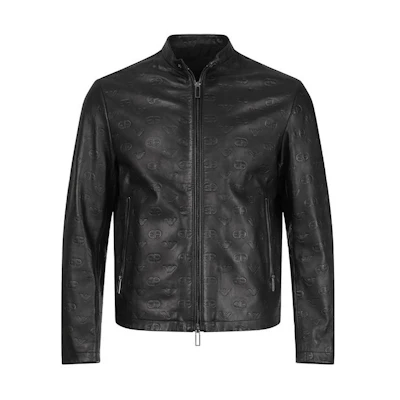 EMPORIO ARMANI Black Leather Jacket with Embossed Logo SS23. D41R74-D1P7A-999